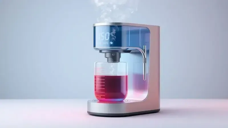 Ilustração conceitual do processo de pré-aquecimento em máquina de café, mostrando transferência de calor.