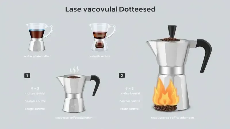 Ilustração sequencial mostrando os passos para preparar café na cafeteira italiana sem amargor