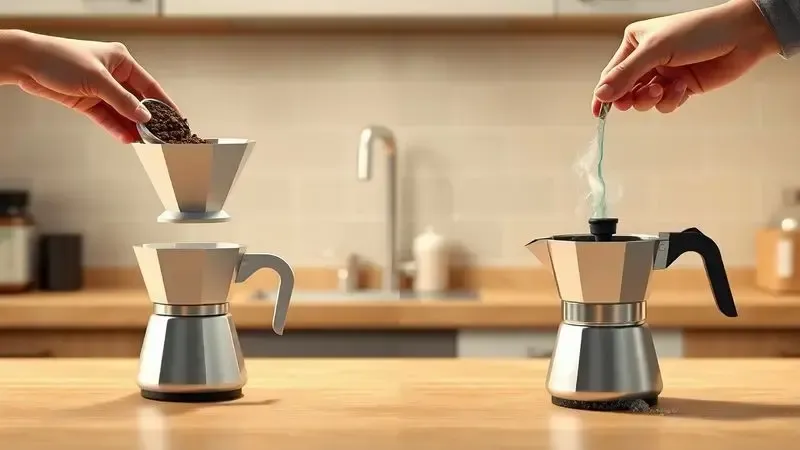 Sequência ilustrativa dos passos principais para preparar café na cafeteira italiana Moka.