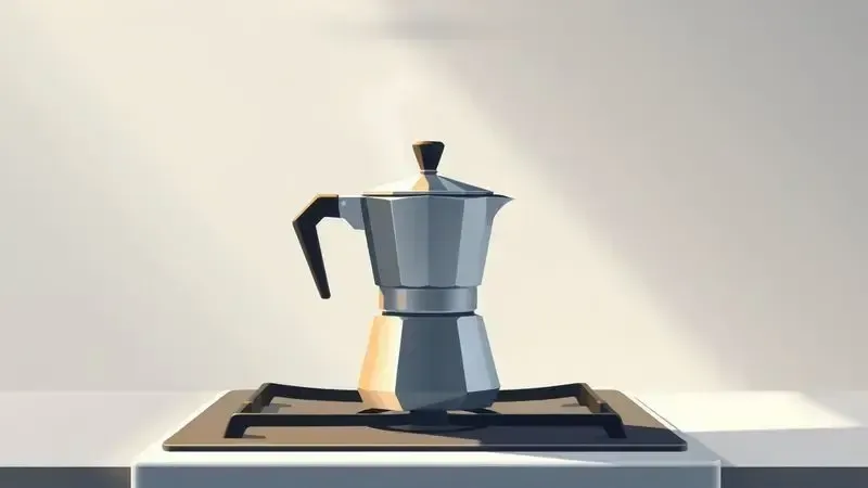 Cena ilustrativa de uma cafeteira italiana no fogão liberando vapor durante o preparo do café.