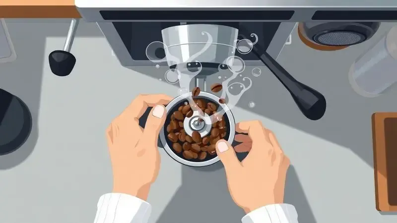 Ilustração digital realista de preparo de espresso: mãos moendo grãos de café em cozinha, com vapor e partículas de aroma.