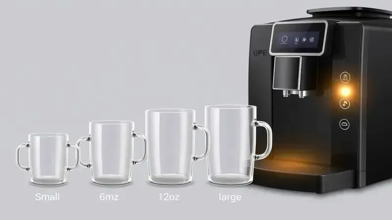 Ilustração conceitual mostrando a variação de tamanhos de xícaras e o controle de uma cafeteira para preparo personalizado.