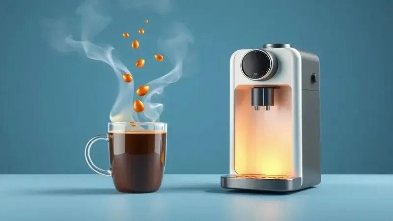 Representação artística do conceito de preparo rápido de café fresco saindo de uma máquina de cápsulas.