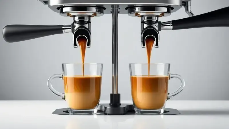 Ilustração conceitual do preparo simultâneo para duas xícaras com café espresso saindo de bico duplo.