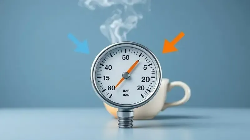 Ilustração conceitual de medidor de pressão mostrando 15 bar e 20 bar, com xícara de espresso ao fundo.