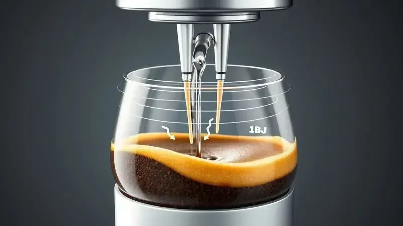 Ilustração do processo de extração de café sob pressão de 20 bar com crema dourada.