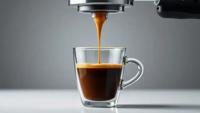Ilustração conceitual do processo de extração de café sob alta pressão com crema aveludada saindo do porta-filtro.
