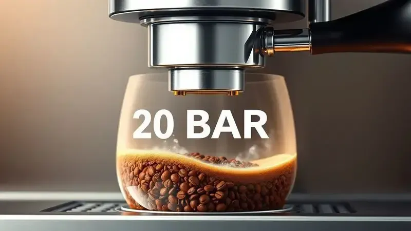 Ilustração conceitual do processo de extração de café espresso com 20 BAR de pressão, mostrando dinâmica de vapor e pressão.