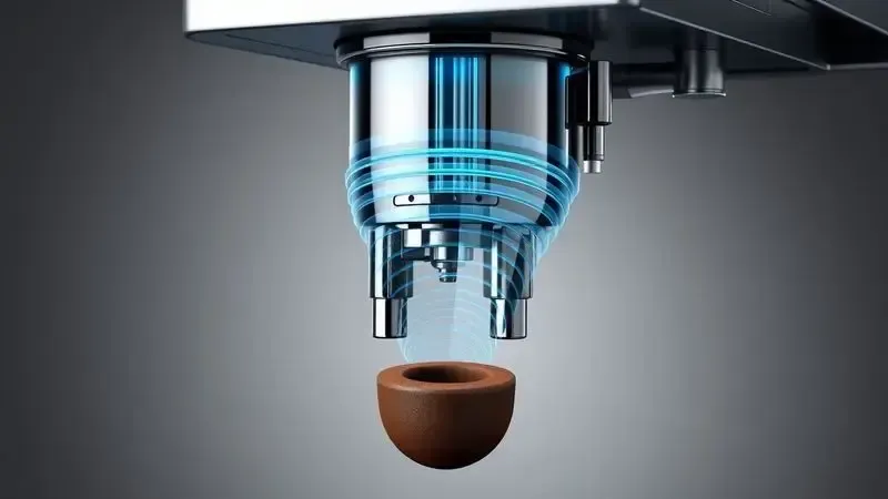 Ilustração conceitual do corte de uma cafeteira mostrando o fluxo de água e pressão sobre o disco de café moído.