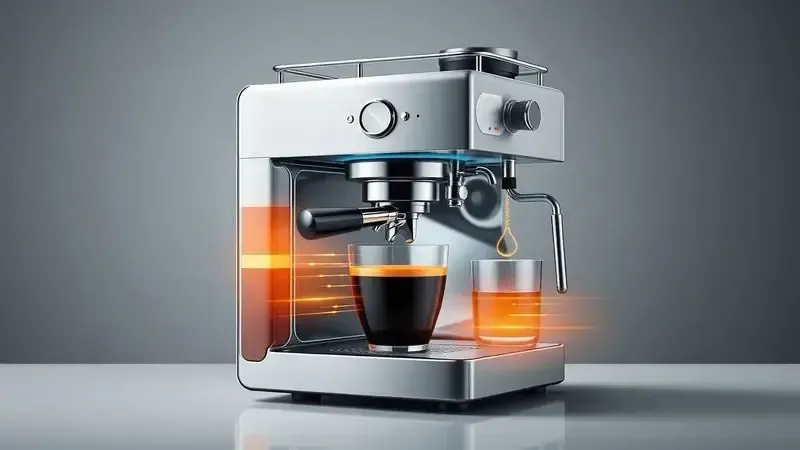 Ilustração conceitual de sistema de pressão em cafeteira, mostrando processo de extração e formação de crema para espresso de qualidade