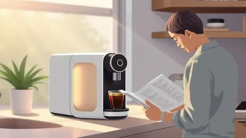 Ilustração conceitual de pessoa lendo manual ao lado de cafeteira de cápsulas na cozinha