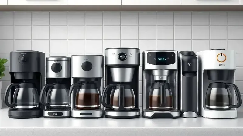 Diferentes modelos de cafeteiras organizadas lado a lado, ilustração conceitual mostrando variedade de designs