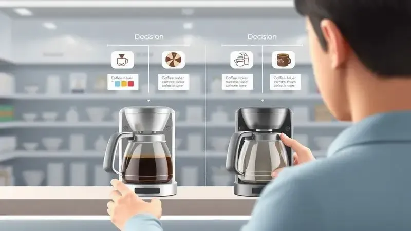 Ilustração conceitual mostrando processo de decisão para escolher tipo de cafeteira elétrica ideal