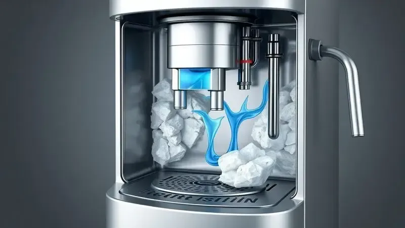 Ilustração 3D do processo de descalcificação mostrando depósitos minerais sendo removidos internamente