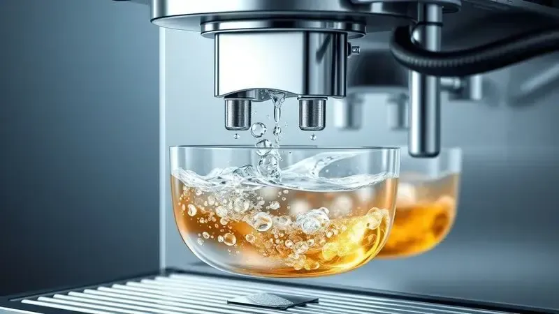 Processo de descalcificação mostrando solução especial limpando internos da cafeteira