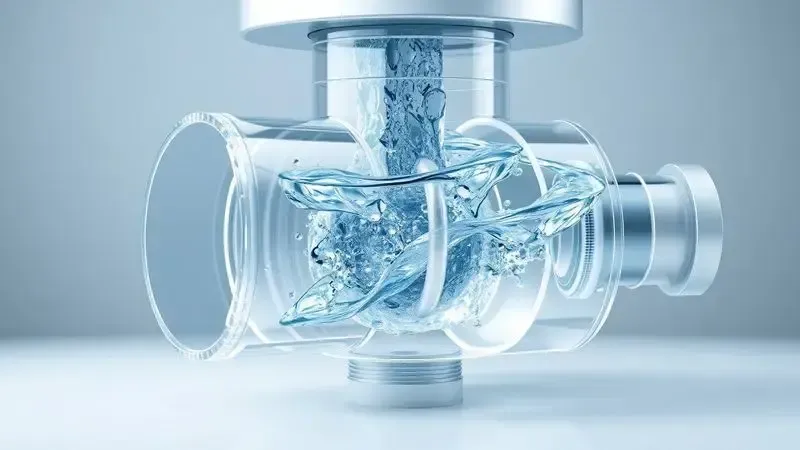 Processo conceitual de descalcificação e limpeza com fluxo de água em componentes transparentes