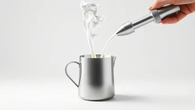 Ilustração artística do processo de espumação de leite com tubo de vapor e criação de microespuma