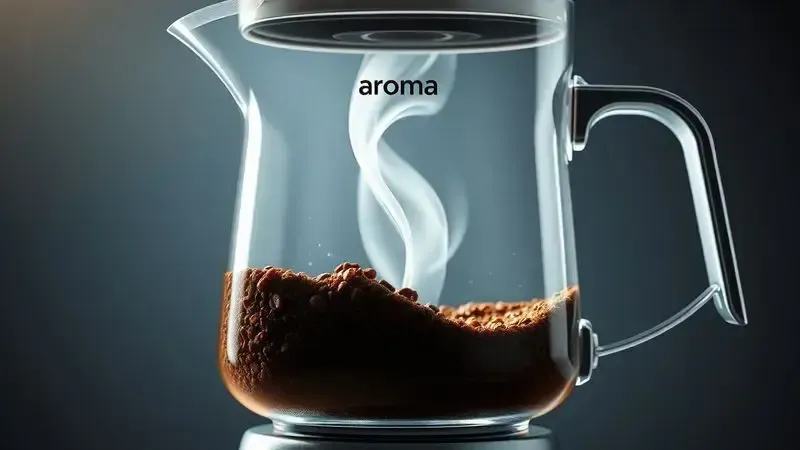Ilustração conceitual do processo de extração de aroma do café dentro de uma cafeteira moderna.