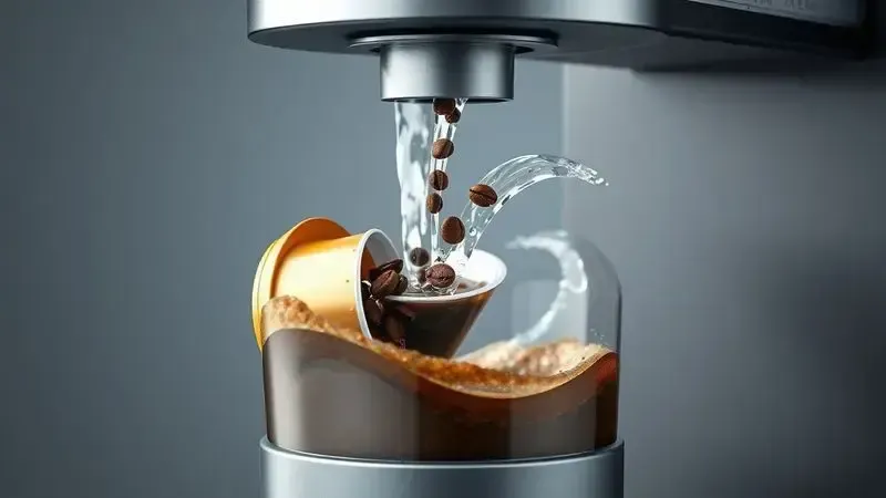Ilustração conceitual do processo de extração de café por centrífuga mostrando fluxo de água e café em movimento.