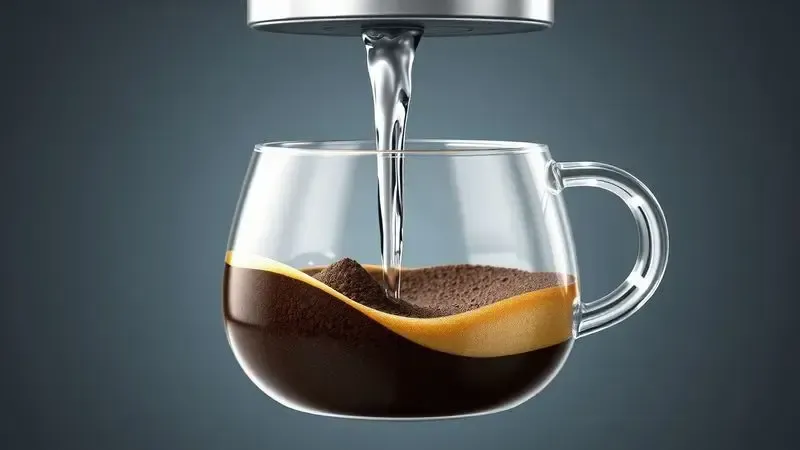 Ilustração conceitual do processo de extração do café expresso mostrando água sob pressão passando pelo pó