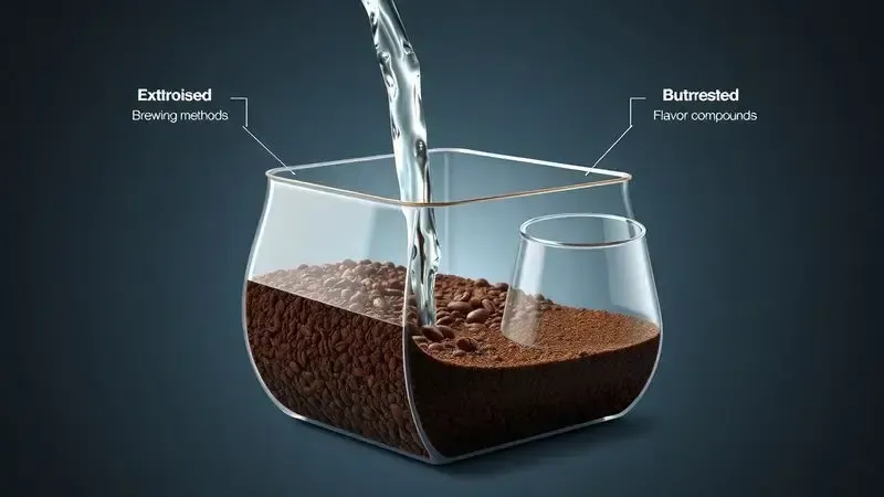 Ilustração do processo de extração do café mostrando como diferentes métodos alteram o sabor da bebida
