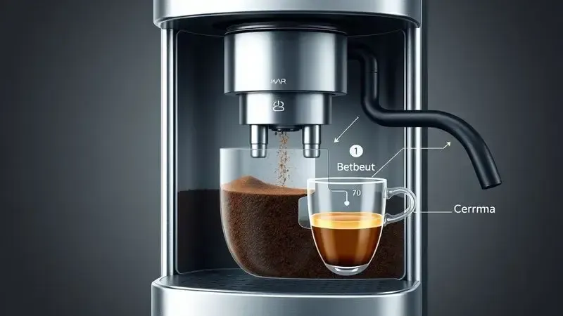 Ilustração conceitual do processo de extração de espresso em máquina superautomática mostrando fluxo de água e formação de crema