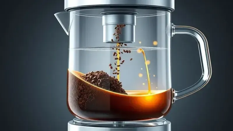 Ilustração conceitual mostrando processo interno de preparo do café dentro da cafeteira com seção transparente.