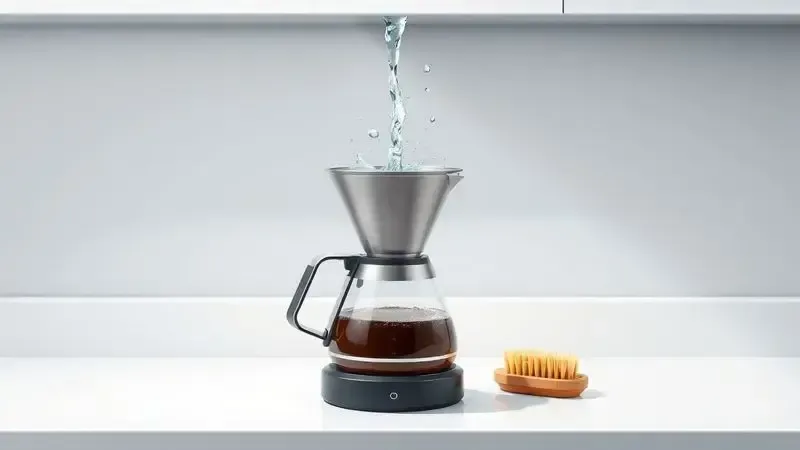 Processo conceitual de limpeza de cafeteira sem marca com jarra sendo lavada e escova macia sobre bancada