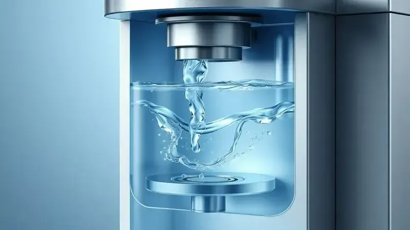 Ilustração conceitual do processo de limpeza flush em cafeteira com fluxo de água através do sistema interno
