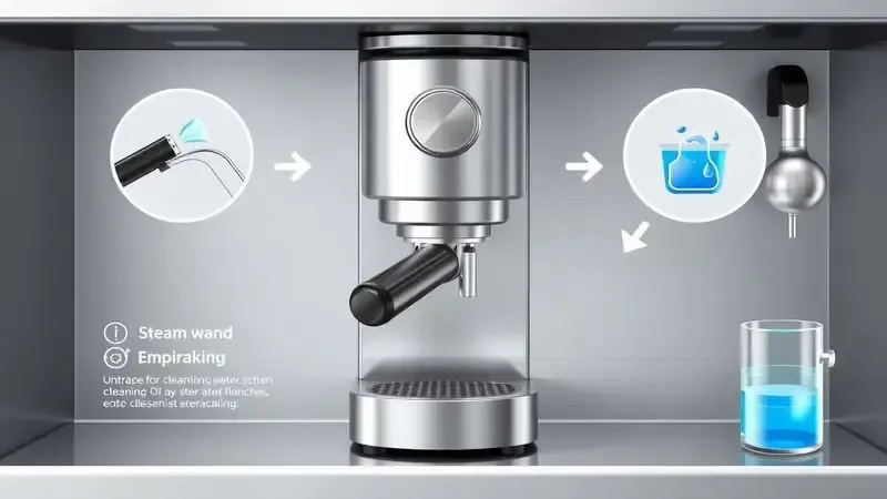Ilustração conceitual do processo de limpeza e manutenção de máquina de café espresso.