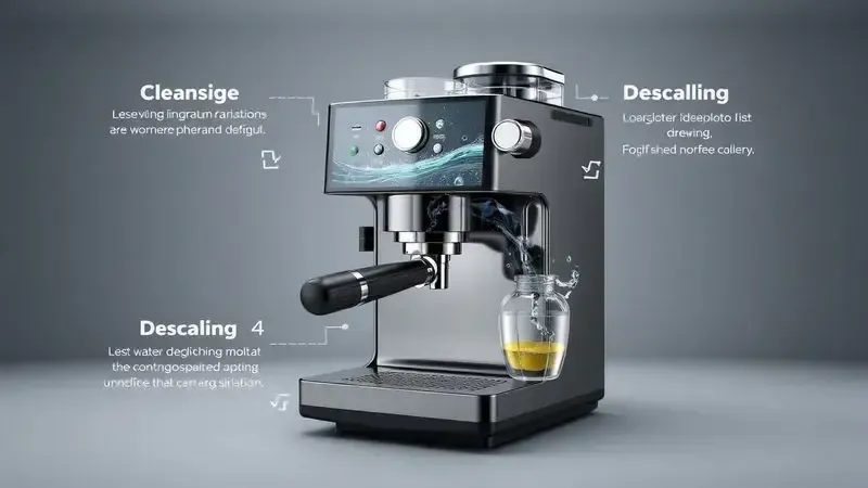 Ilustração conceitual do processo de manutenção e limpeza de máquina de café espresso.