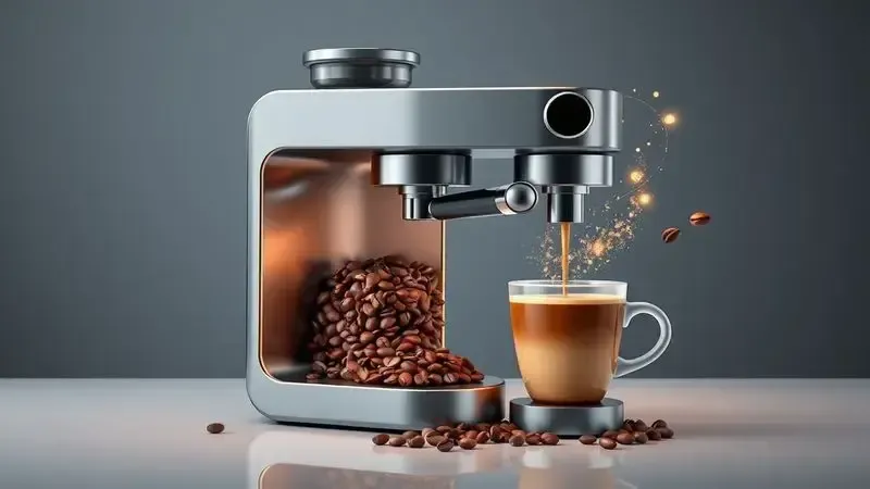 Ilustração conceitual do processo de moagem e preparo do café do grão à xícara em máquina moderna.