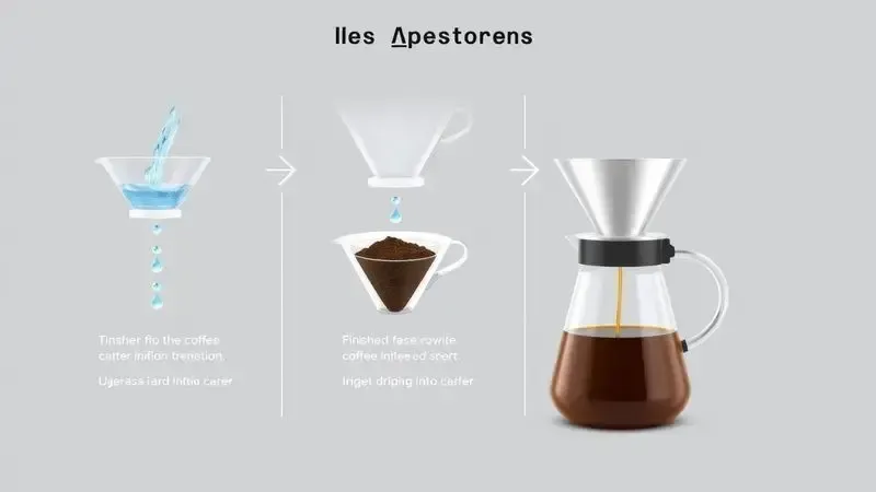 Ilustração conceitual do processo passo a passo do uso de cafeteira com filtro, mostrando etapas abstratas do preparo do café