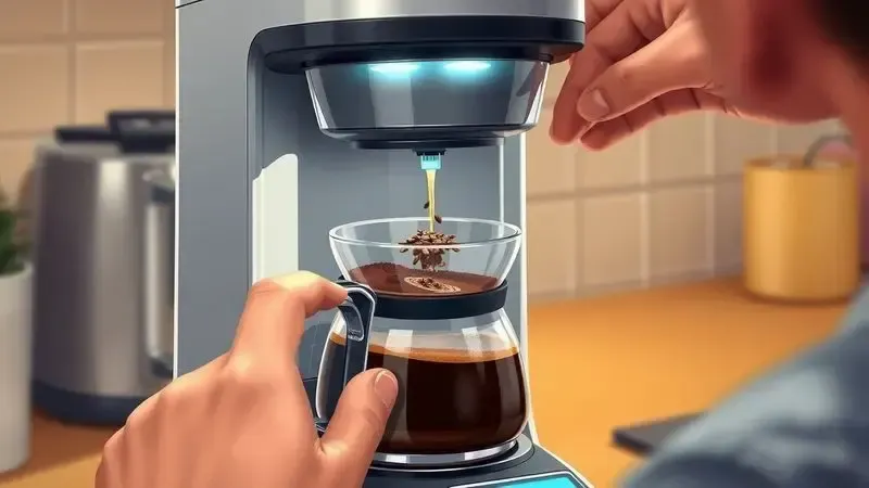 Ilustração realista do processo de preparo de café em cafeteira elétrica, mostrando adição de pó e água.