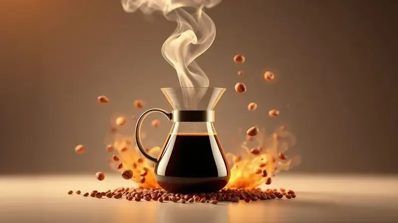 Ilustração artística do processo de preparo de café com partículas de aroma