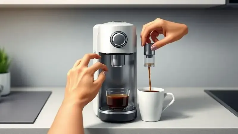 Ilustração conceitual do processo de preparo de café com máquina compacta por cápsulas