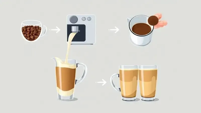 Ilustração do processo de preparo de cappuccino e chocolate quente na cafeteira caseira