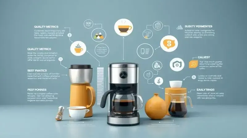 Ilustração conceitual do processo de seleção e avaliação de cafeteiras com métricas de qualidade.