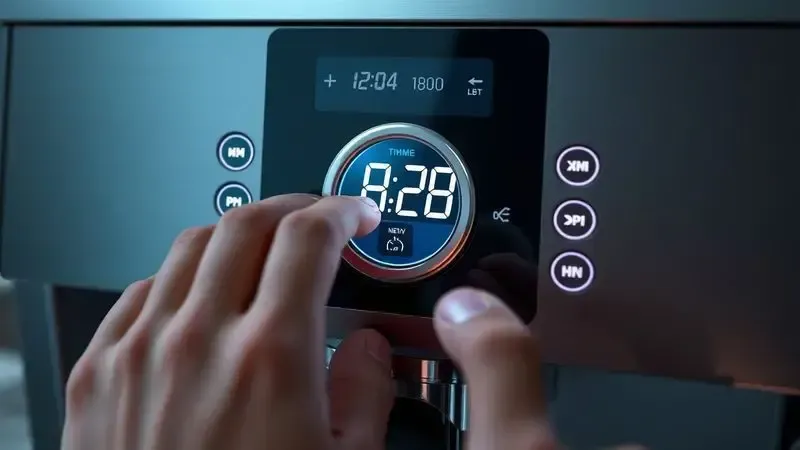 Ilustração conceitual de mãos programando um timer digital em painel de controle de cafeteira, mostrando interface de programação.