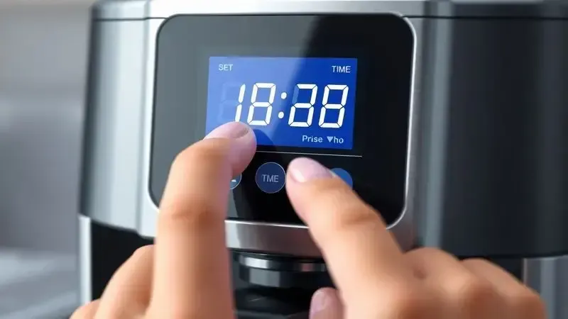 Ilustração conceitual de mãos programando o timer digital de uma cafeteira automática
