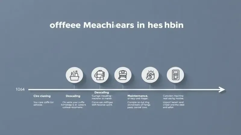 Linha do tempo conceitual da longevidade de máquina de café com ícones de cuidados e manutenção