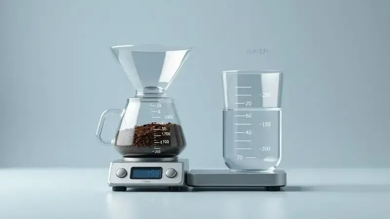 Ilustração conceitual mostrando medidas precisas de pó de café e água para a proporção ideal no preparo.