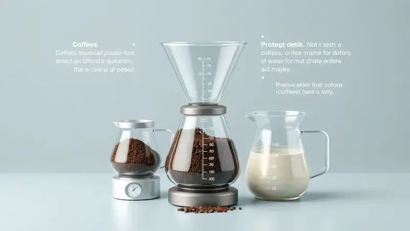 Ilustração conceitual 3D das proporções ideais de pó de café e água para preparo perfeito.