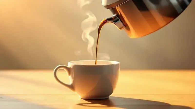 Café sendo servido de cafeteira conceitual para xícara cerâmica com vapor subindo da bebida quente