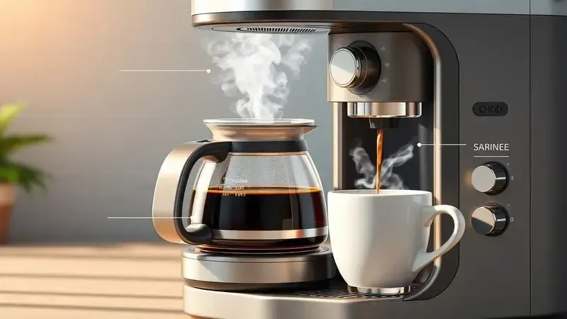 Ilustração conceitual dos principais recursos de uma cafeteira elétrica em funcionamento
