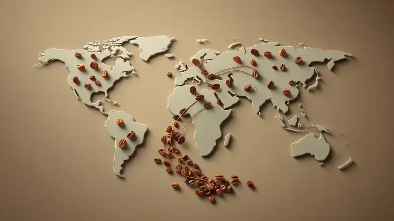 Conceito visual de referência mundial em café com mapa global e grãos conectando continentes