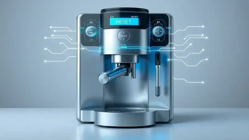 Ilustração conceitual de reset de fábrica em cafeteira com botões e sistema sendo reinicializado.
