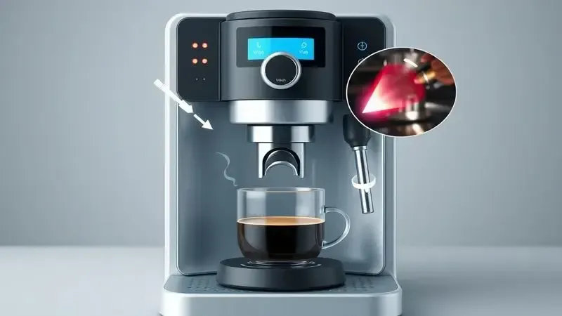 Ilustração conceitual de resolução de problemas em máquina de café com luzes piscando e fluxo baixo.