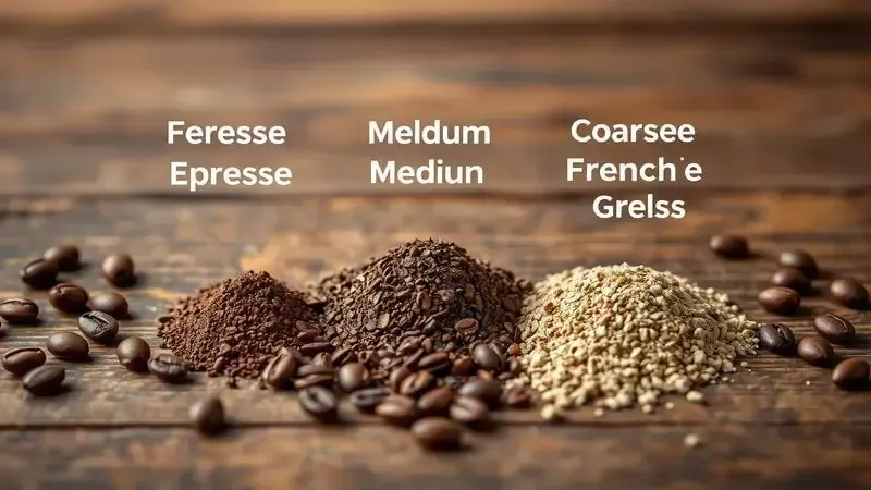 Ilustração comparativa de tipos de grãos de café e diferentes moagens para cafeteira italiana