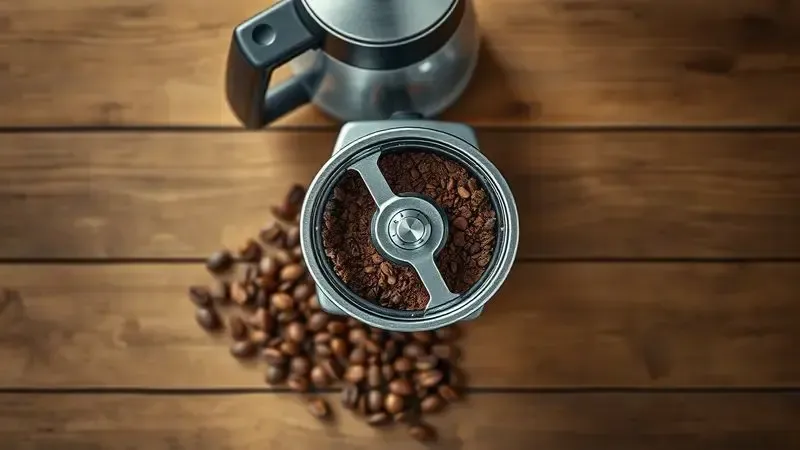 Ilustração digital de um moedor de café conceitual com diferentes moagens e grãos de café fresco.